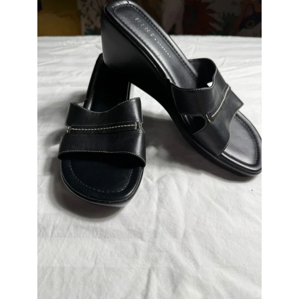 Vintage Y2K Nine & Company Womens Black Wedge Sandals Slide Platform  Size 9